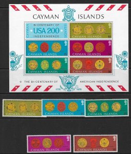 CAYMAN ISLANDS SG404/8 +MS409 1976 BICENTENARY OF AMERICAN REVOLUTION MID MINT