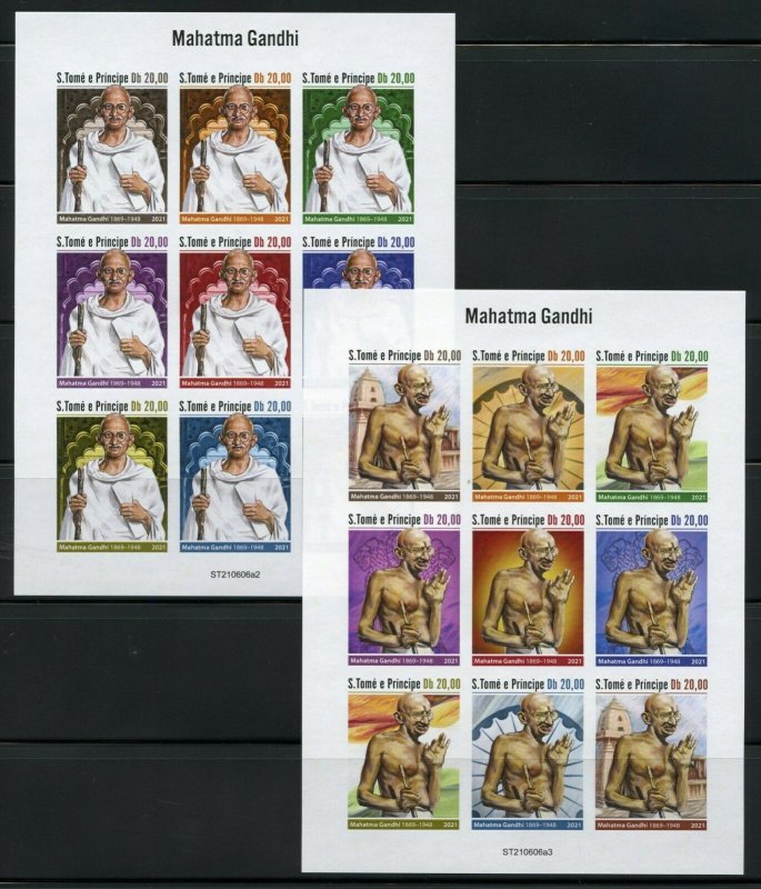 SAO TOME 2021 MAHATMA GANDHI SET OF FOUR IMPERFPORATE SHEETS MINT NEVER HINGED