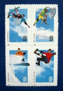 1999 Xtreme Sports Plate Block Of 4 33c Postage Stamps, Sc# 3321-3324, MNH, OG