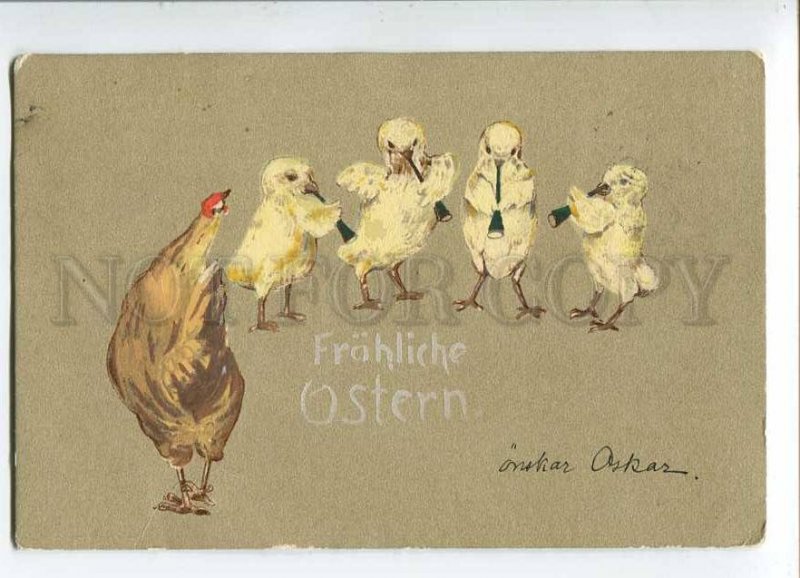 279781 EASTER Musical CHICKEN Hen WATER COLOR vintage 1902 y