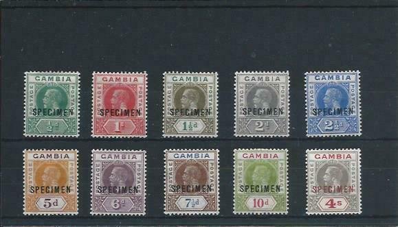 GAMBIA 1921-22 SET OF TEN OVERPRINTED SPECIMEN MM SG 108s/117s CAT £225