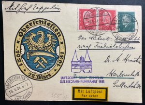 1931 Lubeck Germany Graf Zeppelin LZ 127 Postcard Cover to Karlsruhe Baltic