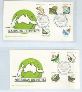Australia  872-880 1983 Butterfly Definitive Stamps (9) on two unaddressed FDCs with Matching Cachets
