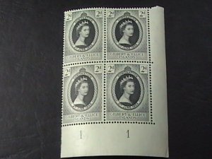 GILBERT & ELLICE ISLES # 60-MNH(2) & MH(2)--PLATE # BLOCK OF 4--1953