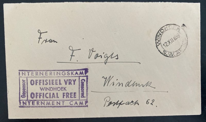 1939 Windhoek South West Africa Interment Camp Censored Cover Locally used