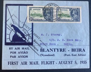 1936 Blantyre Nyasaland First Flight Airmail Cover FFC To Beira Mozambique