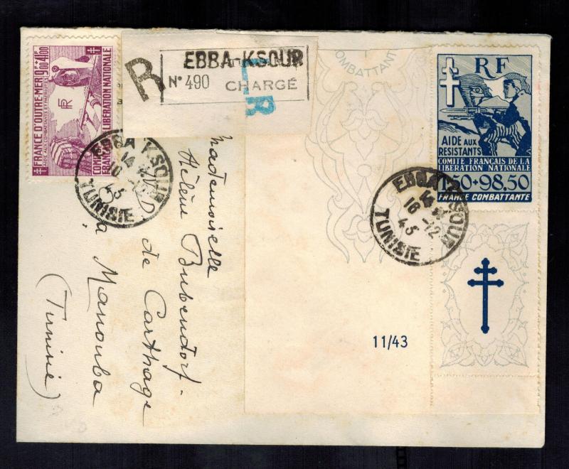 1943 Ebba Ksour Tunisia Cover # B1 B2 with LL Corner Tab Cross of Lorraine