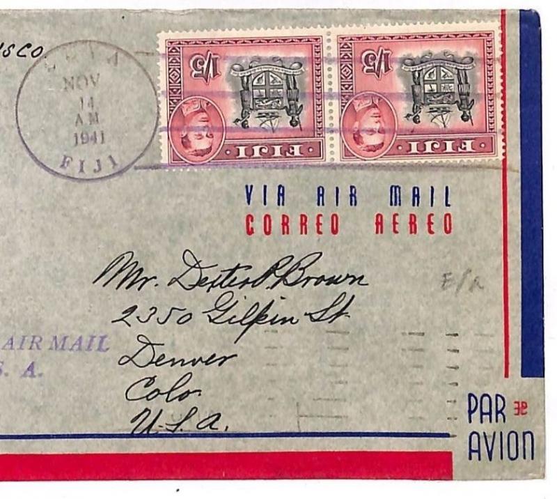 K31 1941 FIJI WW2 *Trans-Pacific Airmail*Cachet First Flight Cover USA{samwells}