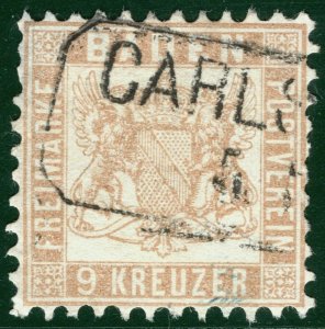 Germany States BADEN Classic Stamp Scott.23 9kr Bistre Used Cat $90+ OGREEN143