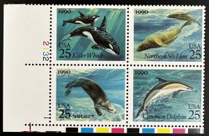 US #2511a (#2508-2511) MNH F/VF Plate Block of 4 - 25c Sea Life 1990 [PB168]