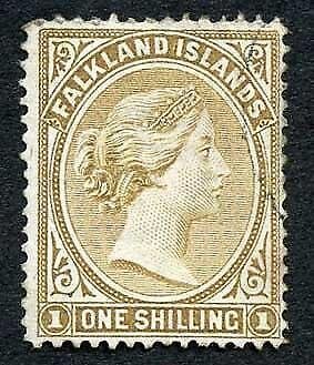 Falkland Is SG38 1/- yellow-brown (corner wrinkle)  cat 48 pounds 