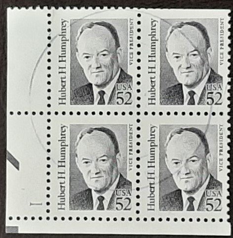 US Scott # 2189; used 52c HH Humphrey, 1991; plate block of 4; XF centering