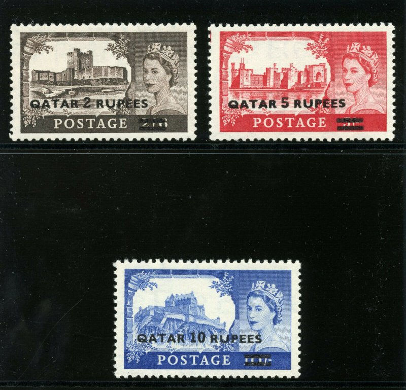 Qatar 1957 QEII Type II Surcharges set complete MLH. SG 13a-15a.