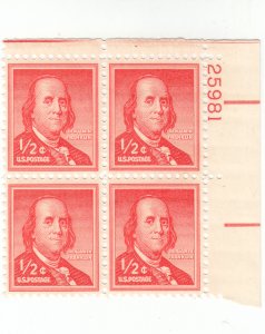Scott # 1030 - 1/2 c Red Orange - Liberty Issue - plate block of 4 - MNH