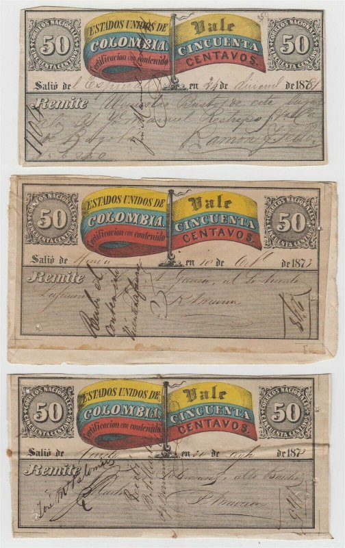 COLOMBIA 1870 INSURED LETTER STAMPS Sc G4-G5 SEVEN CUBIERTAS ON PIECES SCV$185++ 