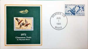 1984 50th Anniversary Duck Stamp FDC of RW38 1971 CINNAMON TEAL DUCKS, COLORADO