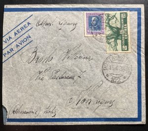 1936 Italian Military Post Office Eritrea Airmail Cover to Alessandria Italy