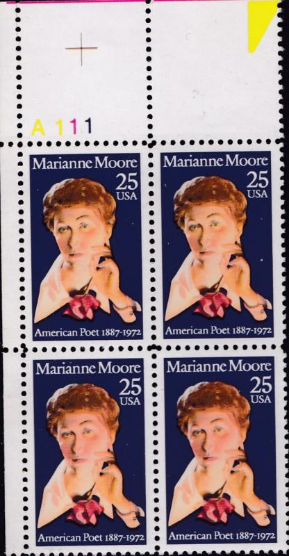 United States 1990 Literary Arts Series Marianne Moore Poet Plate Number Block