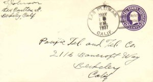 United States California Las Plumas 1937 4c-bar  1912-1961  Postal Stationery...