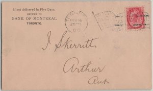 Canada 1900 Toronto Flag Cancel E Bank of Montreal Cover to Arthur 