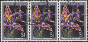 Australia #1000 1986 $1 Queen of Sheba Orchid (Thelemytra v. Strip of 3 USED-...