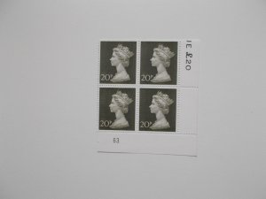 1970 20p Machin High Value in Plate Block of 4 (Plate 63) on Contractor's Paper