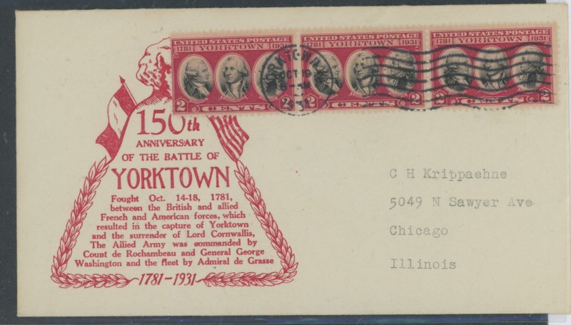 US 703 1931 2c Yorktown 150th Anniv., strip of 3 on addressed FDC with a Dyer Cachet