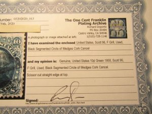 US STAMPS Scott #96 GRILLED USED, R.Doporto CERTIFICATE, SCV $275.00