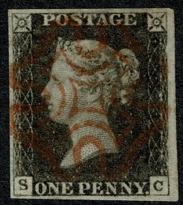 GB 1d Black. Plate 5 SC. Four good margins cancelled by red Maltese Cross