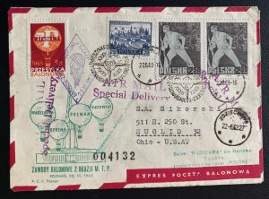 1963 Poznan Poland Balloon Flight Airmail Cover To Euclid OH Usa