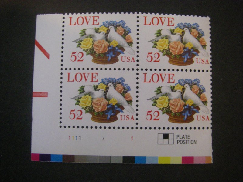 Scott 2815, 52c Love Birds, PB4 #1111 1 LL with pane position, MNH Beauty