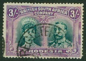 SG 158 Rhodesia 1910-13. 3/- green & violet. Very fine used with a registered...