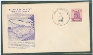 US 837 1938 3c Northwest Territory Ordinance Single On An Unaddressed Second-Day Cover With A Washington, DC Cancel With A Grims