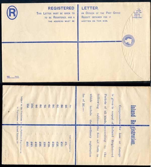 RP20 QV 2d Blue Registered Envelope size K Mint