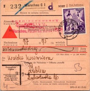 SCHALLSTAMPS GERMANY 1941 POSTAL HISTORY POLAND PACKET CARD ADDR CANC WARSCHAU