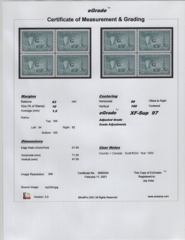 Canada Scott #O24 OG MNH Block Of 4 eGRADED W/Certificate Superb 97