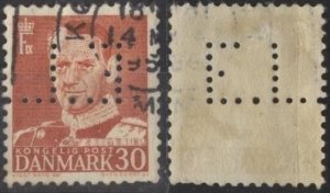 Denmark 335 (used, “E.L.” perfin) 30ø Frederik IX, brown red (1952)