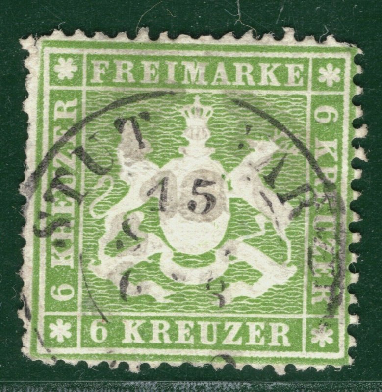 Germany States WÜRTTEMBERG Classic Scott.26 6kr (1861) CDS Used c$110+ 2RGREEN95