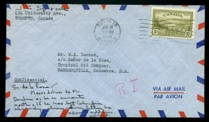 PEACE issue to COLOMBIA 10 cent 1/4 oz. 1949 airmail rate, Canada cover