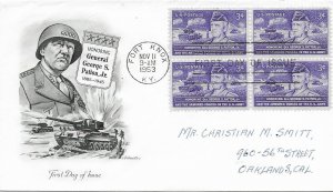 1953 FDC, #1026, 3c Gen. George S. Patton, Artmaster, block of 4