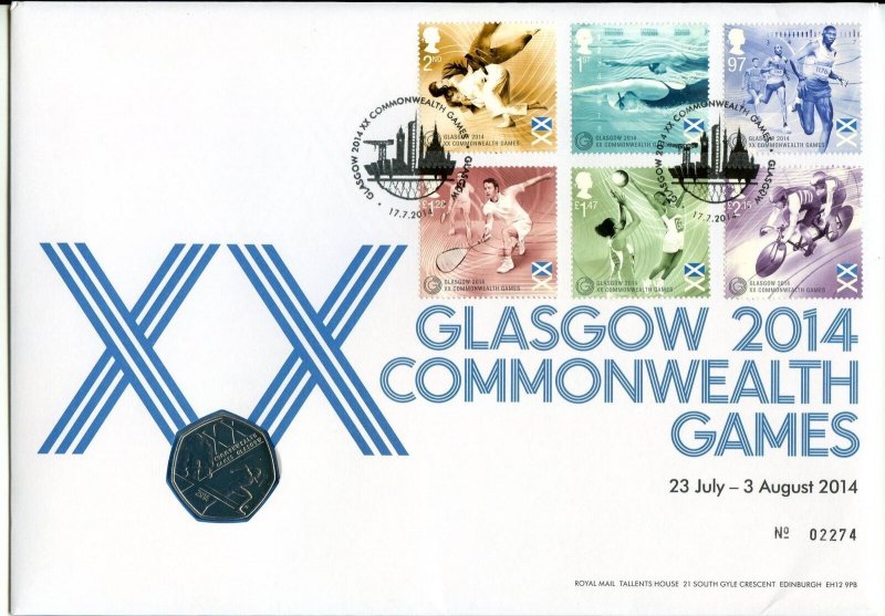 GB Royal Mail, Mint PNC 50p Coin Cover, Glasgow 2014 Commonwealth Games