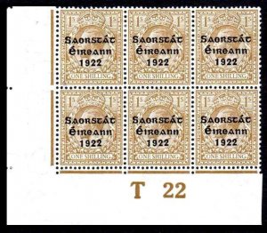 1/- bottom left corner block of 6 with Control T22 imperf., ovpt. setting 2