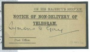 G276 1930 GPO 'Notice of Non-Delivery of Telegram' Romford Sandbanks