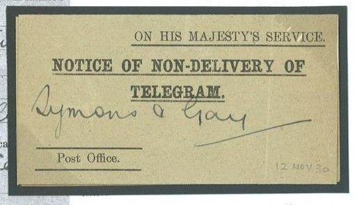 G276 1930 GPO 'Notice of Non-Delivery of Telegram' Romford Sandbanks