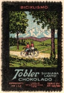 Vintage Germany Poster Stamp Tobler Milk Chocolate Bicycling (Esperanto)