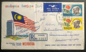 1967 Kuching Sarawak Malaysia First Day Cover FDC To England MERDEKA Ten Years