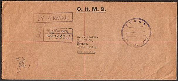 TONGA c1960s OHMS registered Official Paid cover to NZ.....................18336