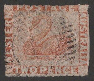 WESTERN AUSTRALIA 1860 Swan 2d pale orange, rouletted. Rare.