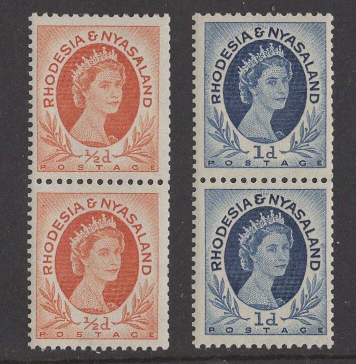 Rhodesia & Nyasaland # 141b,142b  QE II Coil Pairs  perf.12½x14  (2)  Mint NH