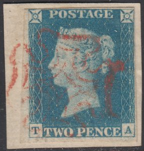 Great Britain 1840 used Sc #2 2p Victoria, light blue Position TA On piece